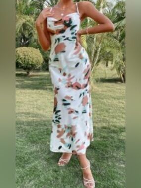 White Floral Print Midi Dress with Cutout